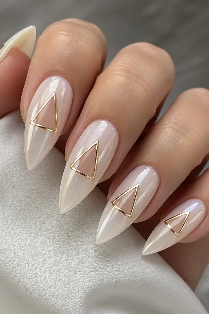 Milky pearl white stiletto nails with a soft opal sheen. Two negative space triangle windows sit near the center of each nail, outlined in thin gold foil strips. The gold rims look like tiny frames, and the rest of the nail stays smooth and glossy, with no glitter fill inside the triangles.