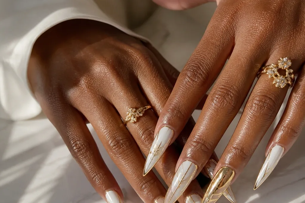 20 White And Gold stiletto nails with stunning drama