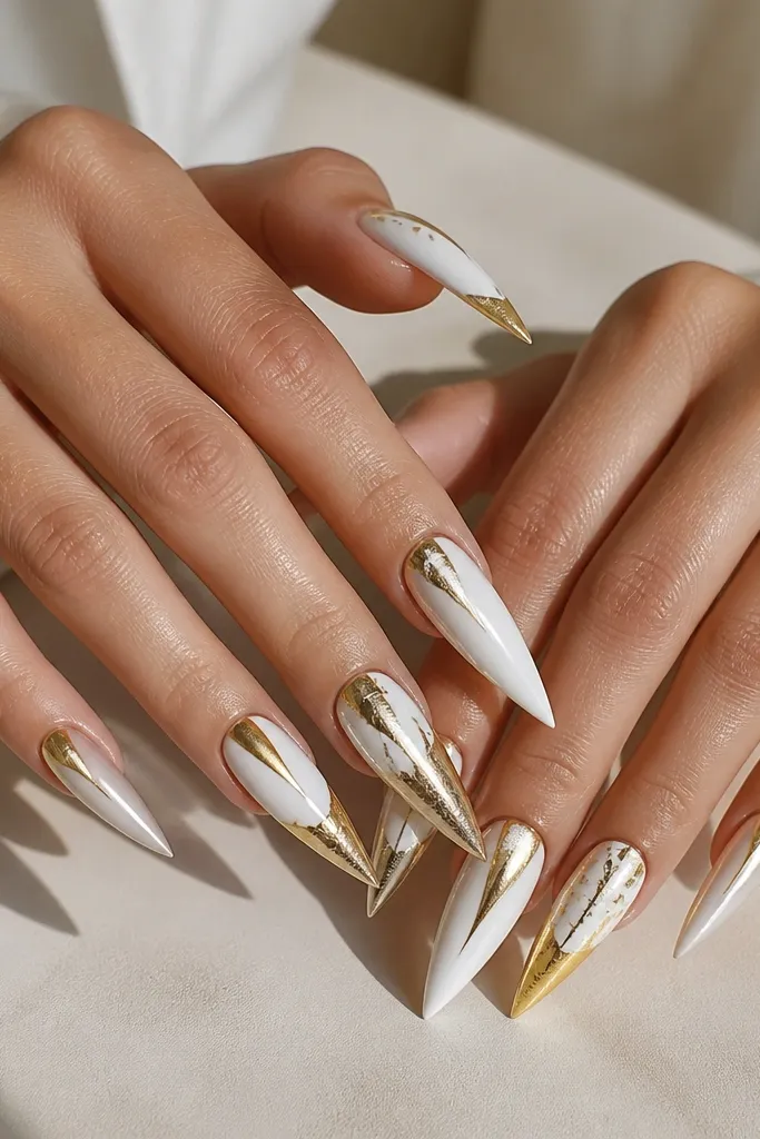 20 White And Gold stiletto nails with stunning drama