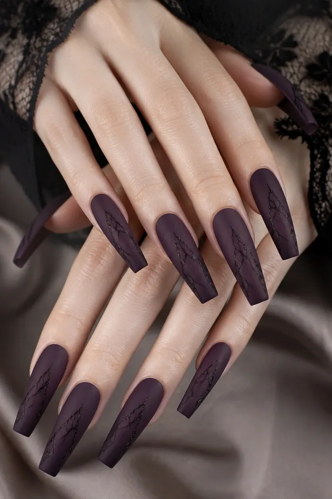 Long coffin nails in a deep eggplant purple with a matte velvet finish. Thin black vein-like lines run diagonally across each nail, forming a lacey web that stays near the center. No gems, just crisp line detail.