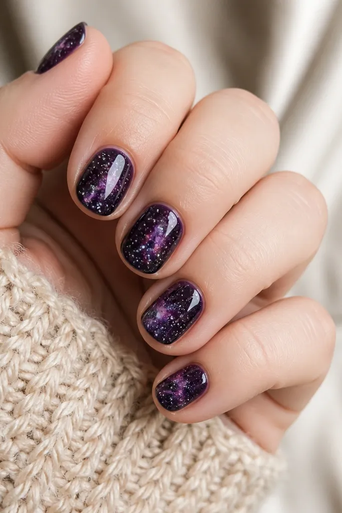 Short round nails painted deep purple with a subtle galaxy look. Tiny white and light lavender dots are scattered like stars. A few small silver micro-specks are mixed in, and the finish is glossy.