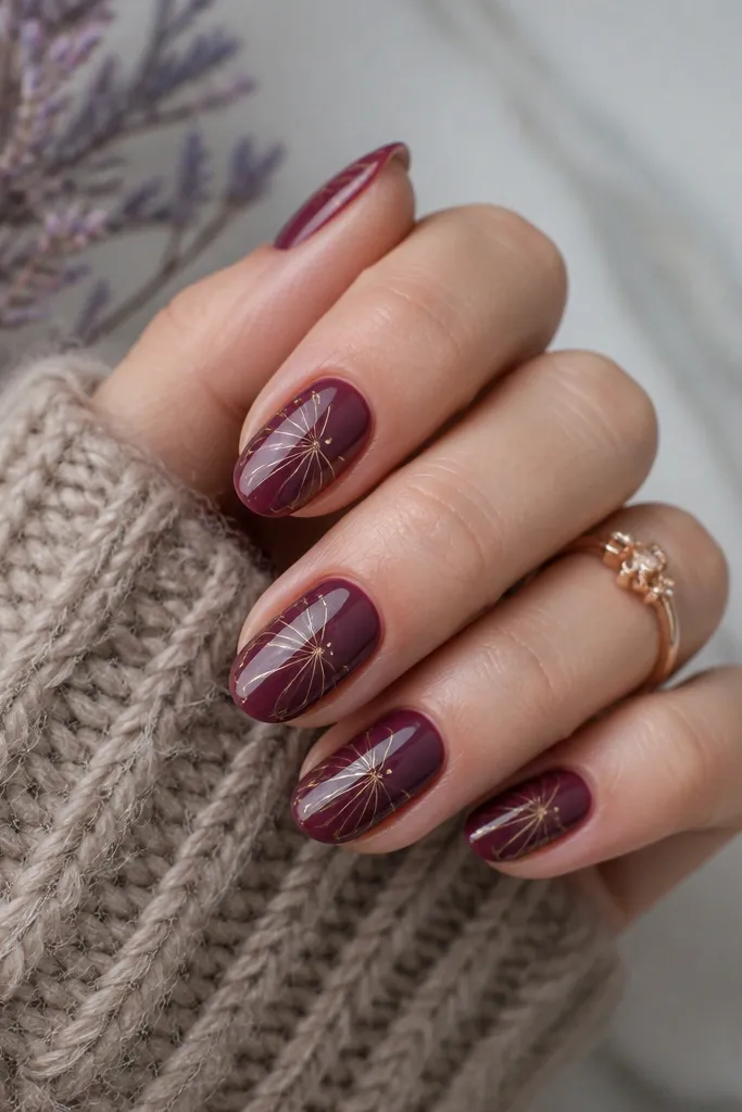 Medium oval nails with a plum base. Fine rose-gold lines curve around the center of each nail like thin petals, while tiny gold dots sit at the ends of the curves. The finish is glossy.