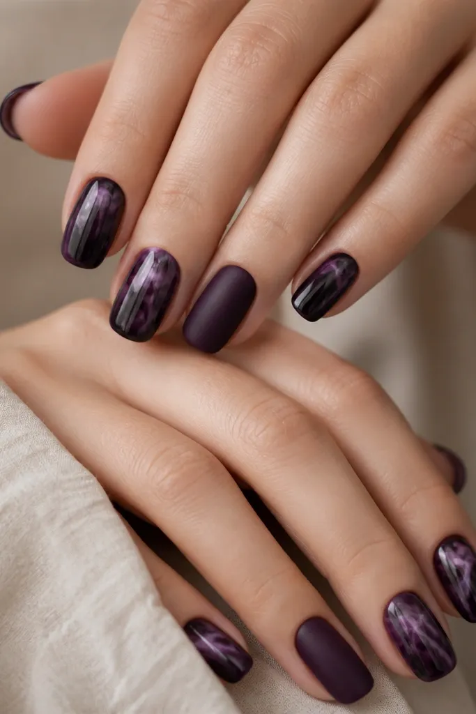 Mostly glossy dark purple marble nails with lighter plum swirls. One nail on each hand is solid dark purple with a matte finish, no marble. The marble nails have a glassy gloss top coat.