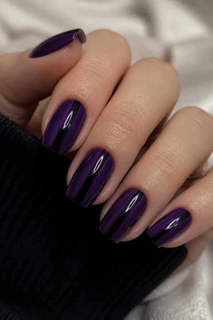 Medium squoval nails in glossy dark purple. A single black stripe runs vertically down the center of each nail from cuticle to tip. Over the stripe edges, a faint purple glow effect looks like a soft gradient.