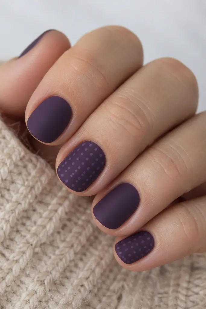 Short round nails painted matte dark purple. Two nails have a glossy dot grid in a lighter purple: small evenly spaced dots form a grid pattern across the nail. Other nails are plain matte purple.