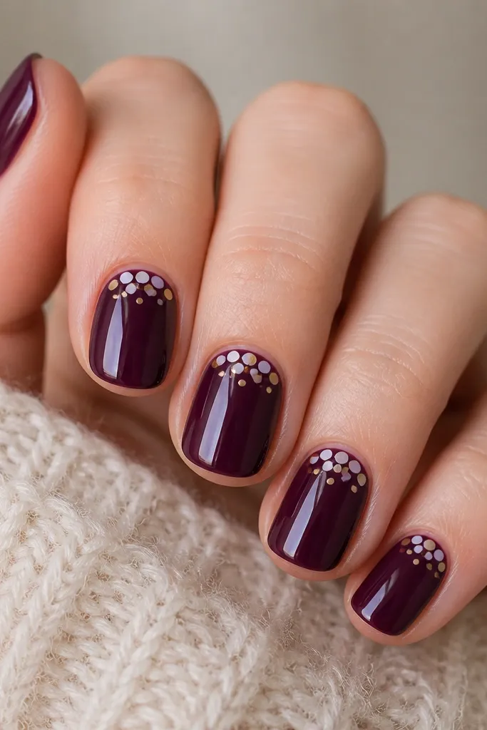 Short round nails in glossy plum purple. Near the cuticle on each nail, there's a tiny cluster of confetti dots in white, lavender, and a touch of gold. The dots are small and scattered, with no glitter dust elsewhere.