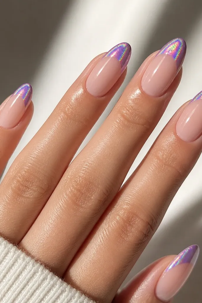 Almond nails with nude base; only the tips are holographic purple with rainbow shimmer, glossy topcoat.