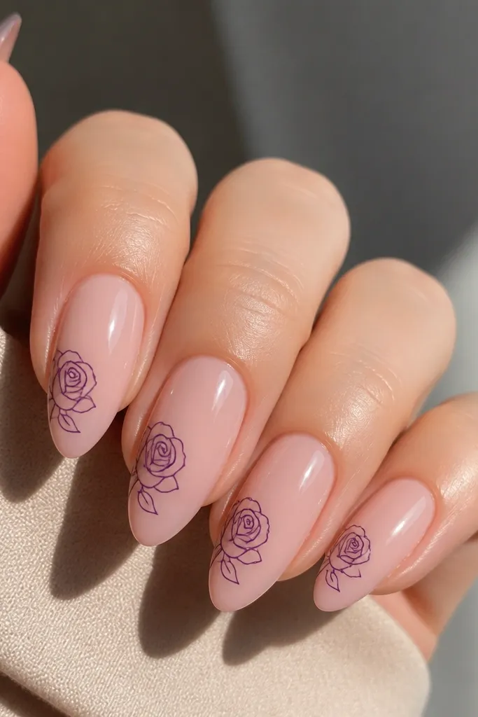 Almond nails with clear pink nude base; each nail has a fine deep purple rose outline near the side, minimal line art, glossy finish.