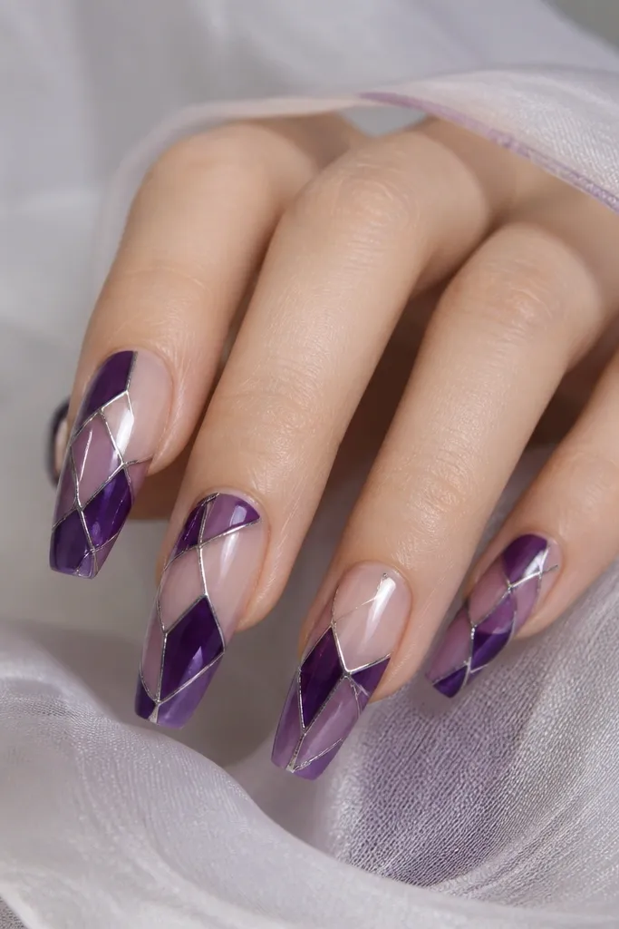 Coffin nails on a sheer base; dark purple stained-glass panels outlined with thin silver lines, glossy topcoat with a glassy look.