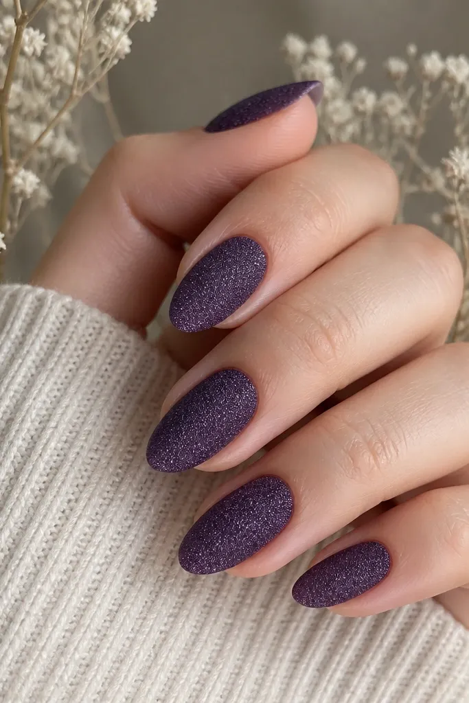 Medium almond nails coated in fine dark purple micro-glitter; the finish is matte so the nails look like velvet glitter.