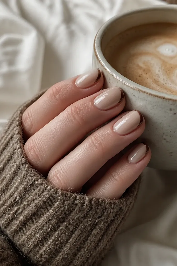 Short squoval nails painted creamy oat milk nude. Each nail has a thin espresso-brown micro-French line at the tip, with a tiny dot of darker brown near the corner. Glossy finish.