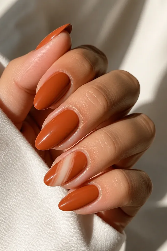 Medium almond nails in a smooth burnt orange base with a glossy, almost glass-like finish. One accent nail has a soft cream swirl running diagonally, like a glazed donut. No glitter.
