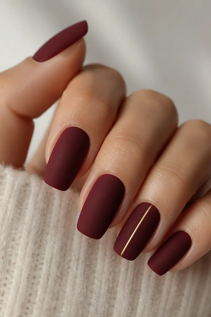 Long squoval nails painted deep oxblood red. The finish is matte with a velvety look; one ring finger has a single thin gold line down the center.