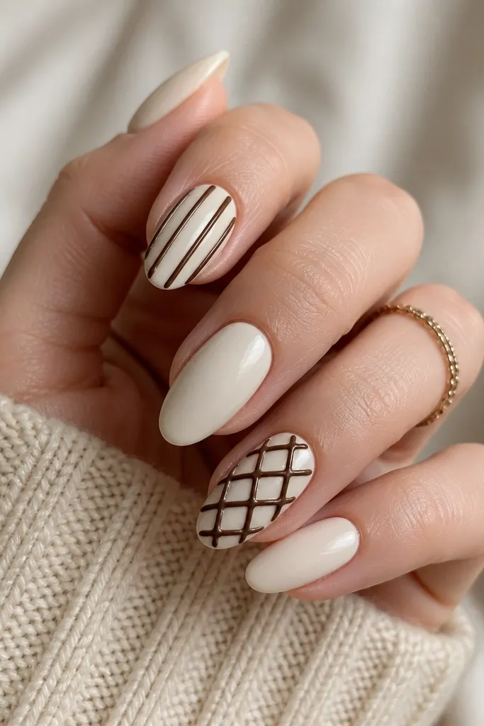 Medium almond nails with a creamy base. Two accent nails have hand-drawn knit lines: vertical ribbing and diagonal crosshatch in chocolate brown. Rest of nails are solid cream with glossy finish.