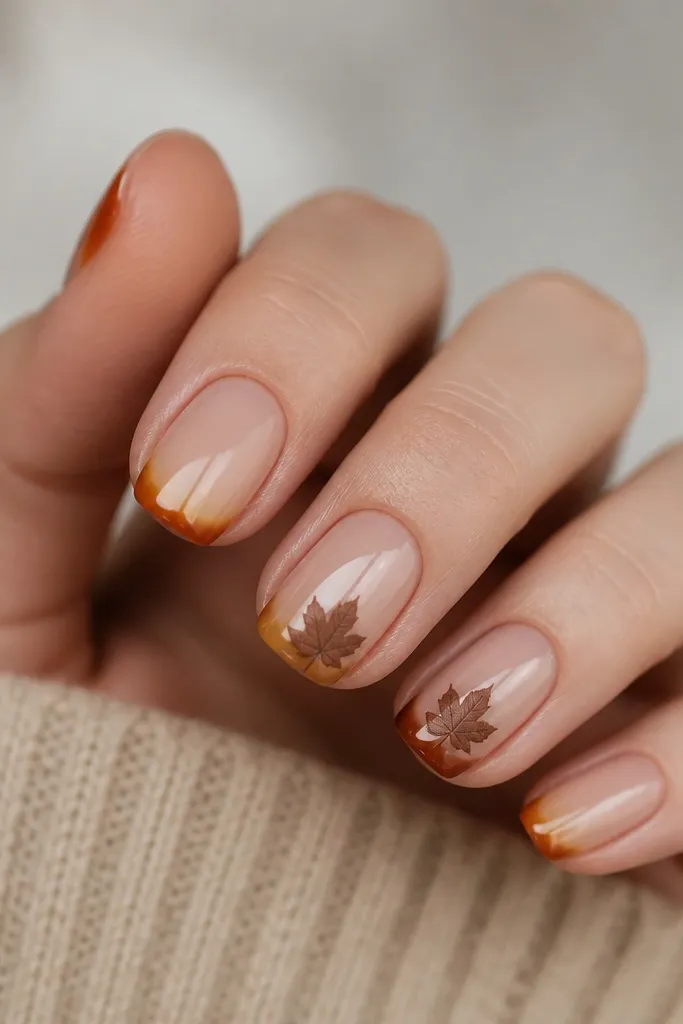 Short squoval nails in warm nude. Tips are painted in a gradient from honey-gold to caramel, with tiny matte maple leaf silhouettes on two nails. Glossy top coat on base, matte leaves.