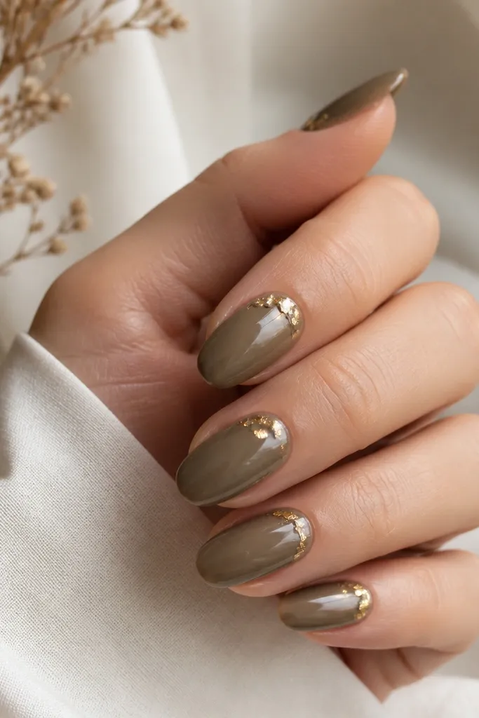 Medium almond nails painted olive taupe. Random small gold foil flecks sit near the cuticle and along one sidewall. High-gloss finish.
