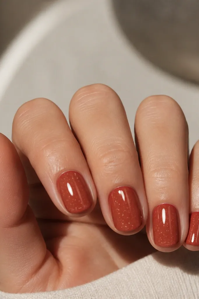 Short to medium nails in a cinnamon red cream. Each nail has a few tiny white specks scattered like cinnamon dust. Glossy finish.