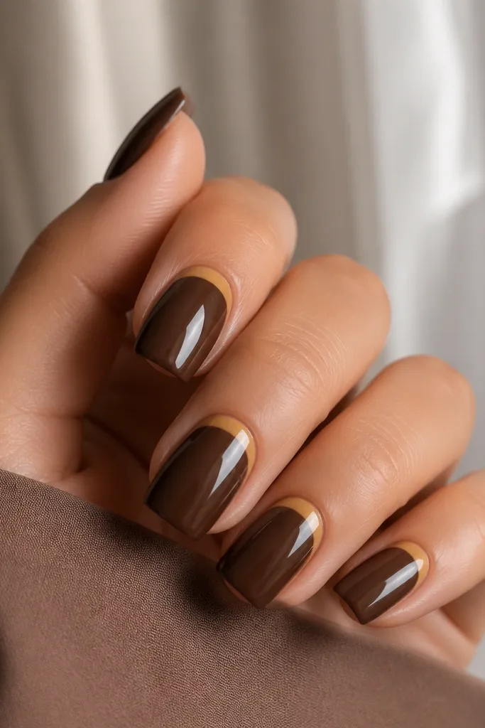 Medium squoval nails in glossy chocolate brown. Each nail has a caramel half-moon at the cuticle area, clean and curved. No other art.