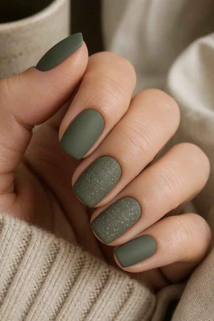 Short squoval nails painted forest green sage. Finish is matte. Two nails have subtle speckling in lighter taupe and cream.