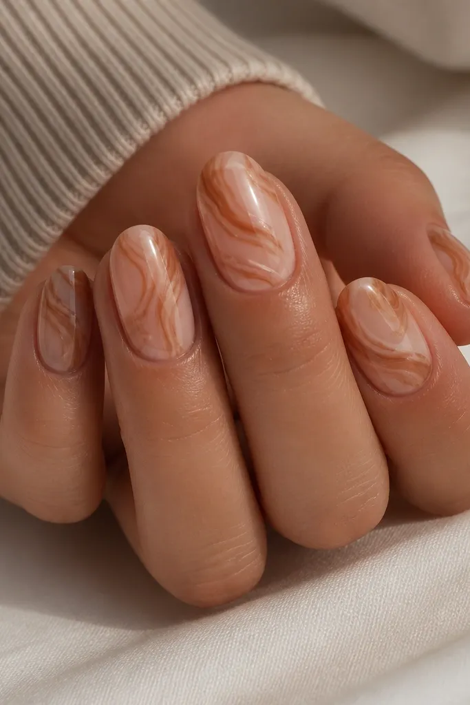Warm nude nails with caramel swirl marble lines. Swirls are thin and organic, like melted caramel. Glossy finish.