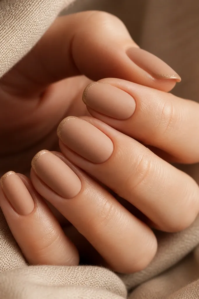 Camel nude nails with a matte suede finish. Along the tip edge is a thin line of micro glitter that looks like dusted sand. Some nails have no glitter.