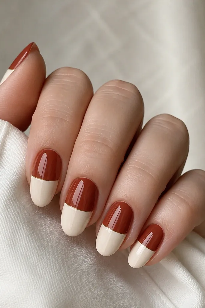 Medium almond nails with a cream base. The top half of each nail (from about mid-nail to tip) is rusty red. A thin cream line separates the colors. Glossy finish.