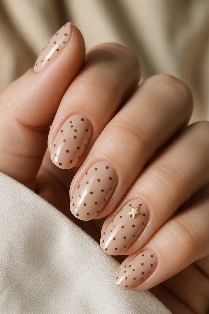 Creamy nude nails with scattered espresso-brown dots. One accent nail has a small gold star near the cuticle. Glossy finish.