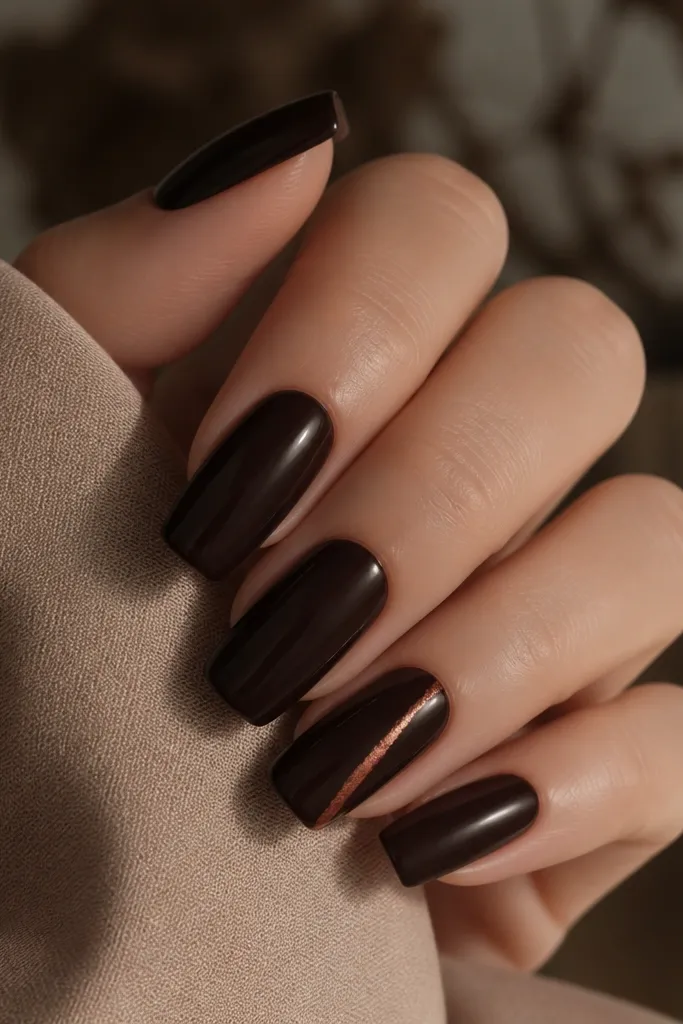 Long squoval nails in blackened brown, near-black. A single copper foil line runs diagonally across one accent nail only. Glossy finish.