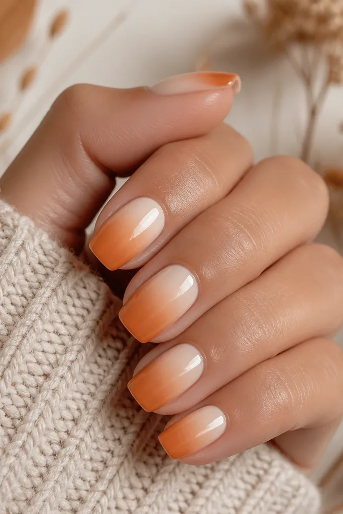 Short squoval nails with a cream base fading into pumpkin spice orange near the tips. The gradient is smooth and soft. Glossy top coat.