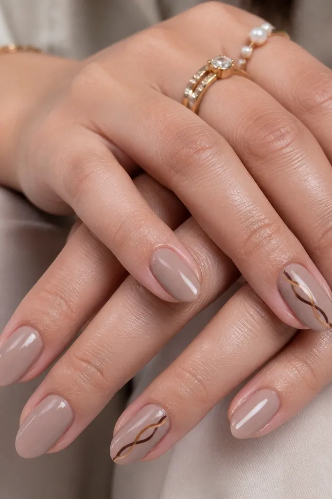Taupe nude nails with a single braided line accent on each ring finger. The braid looks like two thin lines crossing, in chocolate brown and caramel. Glossy finish.