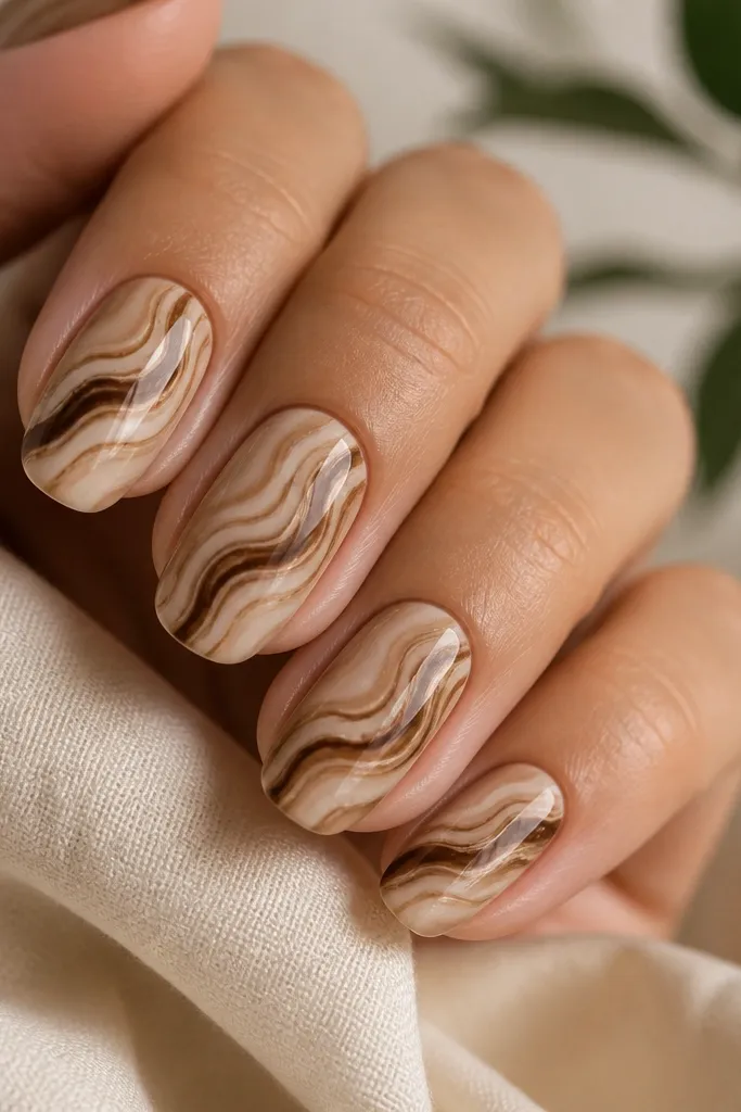 Mocha latte nails with glossy marble swirls in light beige, dark coffee brown, and a thin taupe line. Marble runs diagonally across each nail.