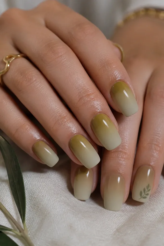 Medium squoval nails fade from golden olive at the base to a lighter beige-green near the tip. The tips are matte, while the base is glossy. One accent nail has a tiny olive leaf at the tip.