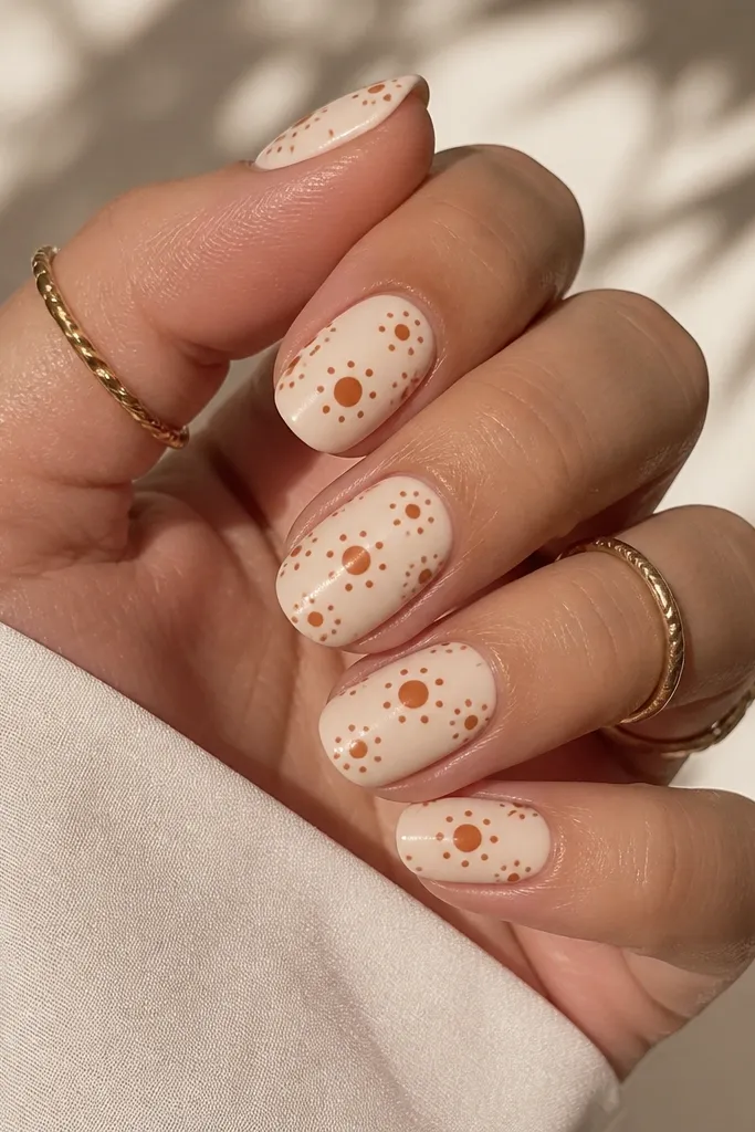 Cream nails with a matte finish. Terracotta dots are scattered across each nail in clusters, with a few larger dots near the center. No glitter, no lines.