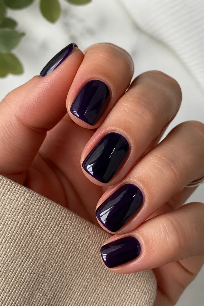 Short squoval nails painted a nearly black indigo-purple with a mirror-like glossy topcoat. The cuticles look crisp and the nails reflect light like glass.