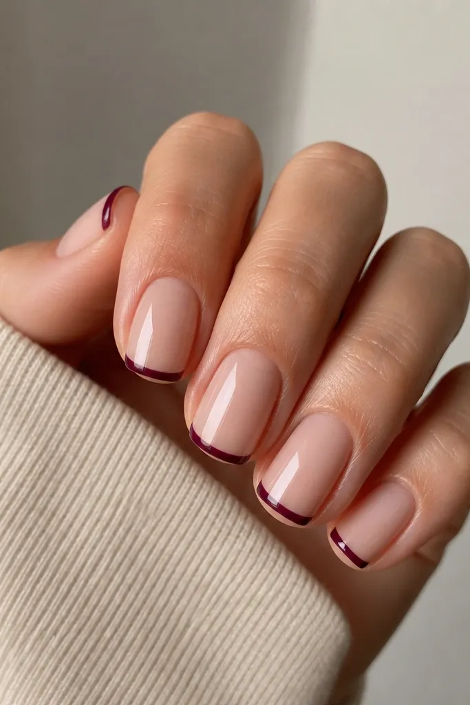 Short squoval nails with a nude base. Only the tips are painted dark purple in a thin, sharp French line that stays narrow and crisp.
