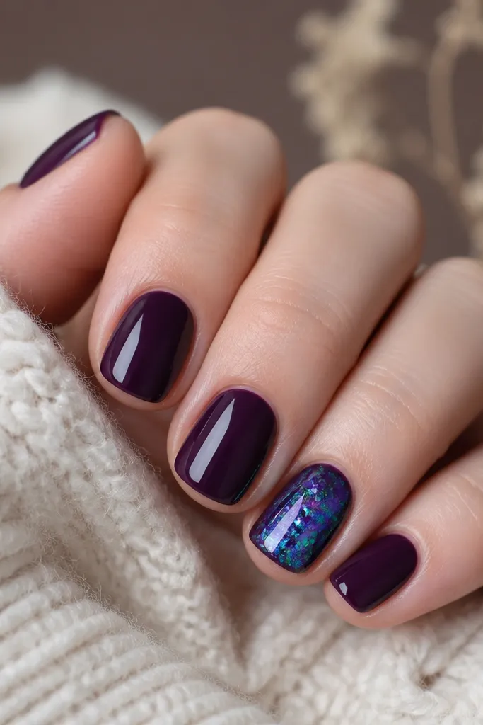 Short nails painted dark purple solid. The ring finger has a hologram foil flake overlay that shifts green-blue-purple under light.