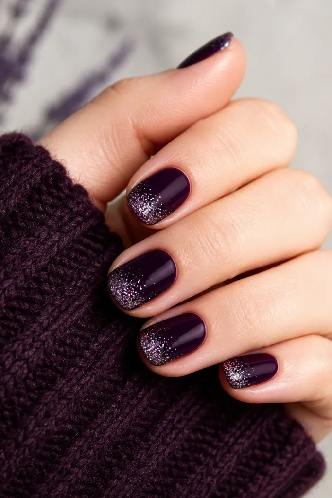 Short nails with a deep dark purple base. Glitter fades start at the very tip and taper downward, leaving the cuticle area fully solid purple.