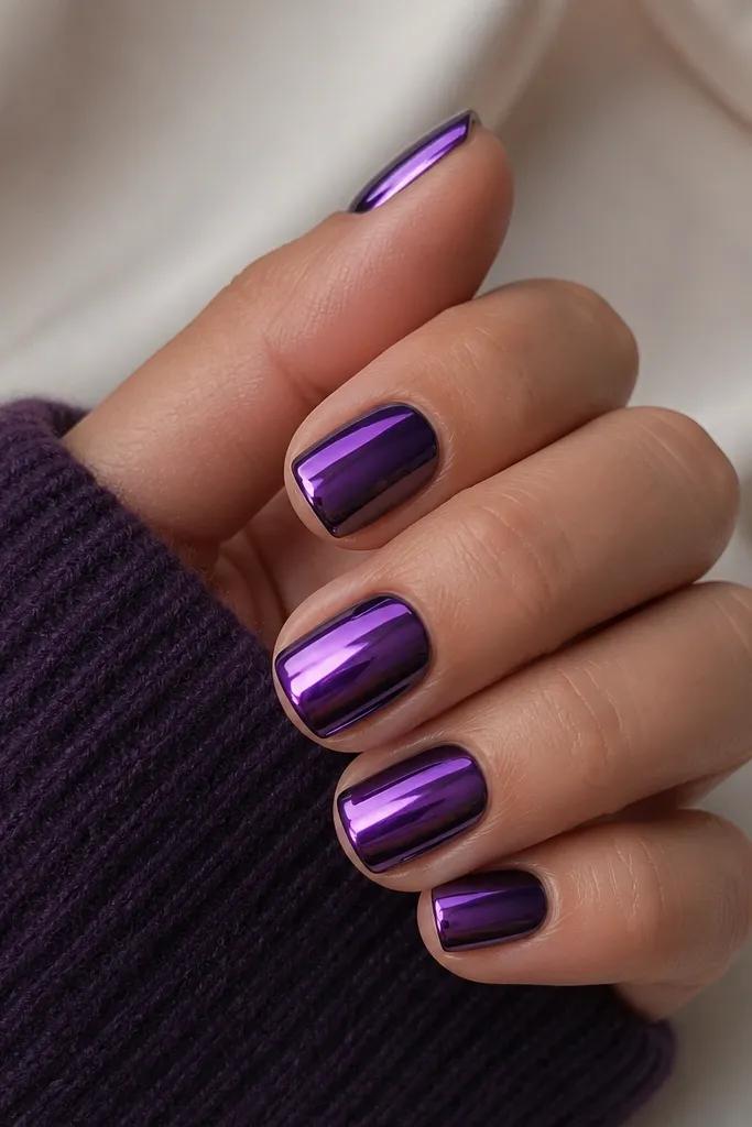 Short squoval nails with a deep purple base under a mirror chrome top layer. The chrome reflects a purple sheen with sharp highlights.