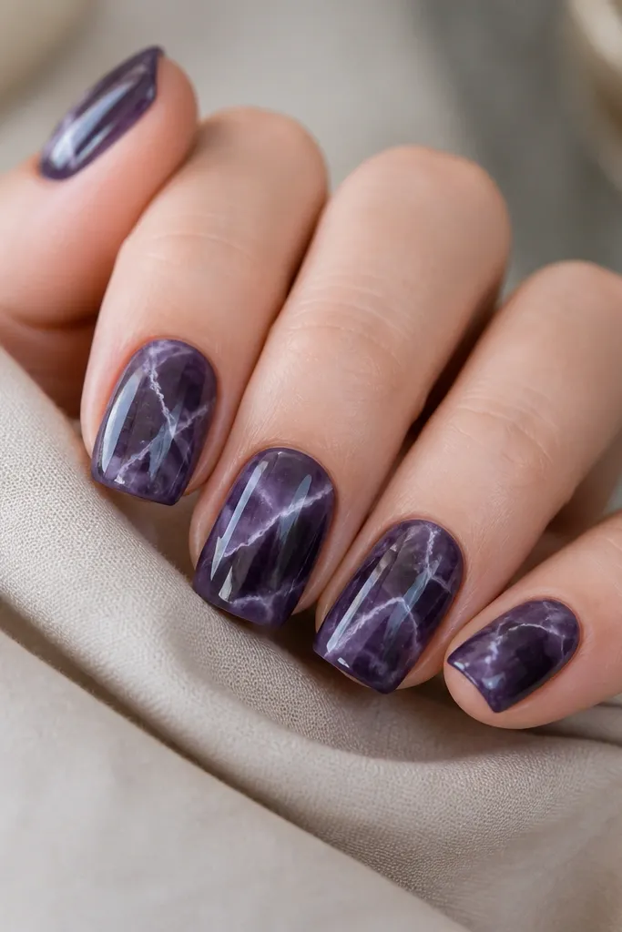 Short squoval nails in deep dark purple marble pattern. Thin white veins run diagonally like natural stone, with soft gray smudges between.