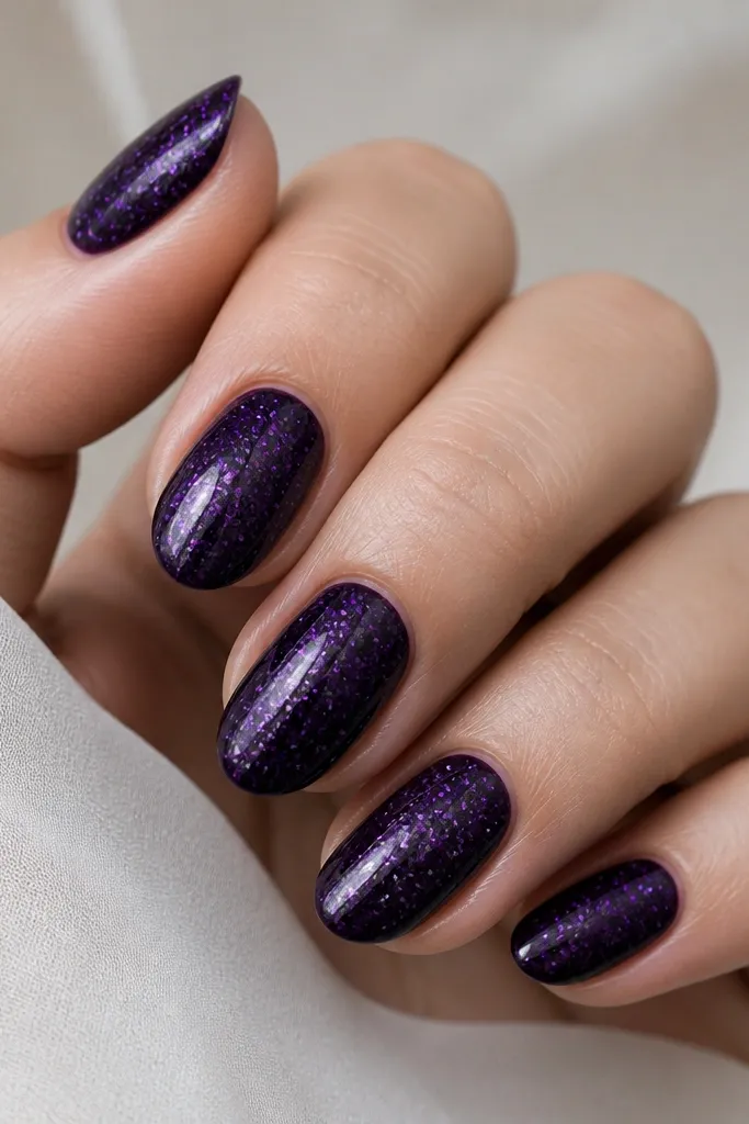 Short almond nails with deep dark purple base. Fine speckles in lighter purple and a few tiny white dots scatter across the surface like a galaxy, with no large star shapes.