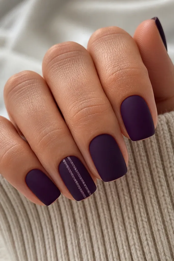 Short squoval nails painted deep dark purple matte. On the ring finger, two thin glitter stripes run vertically from near the cuticle toward the tip, with the rest matte.