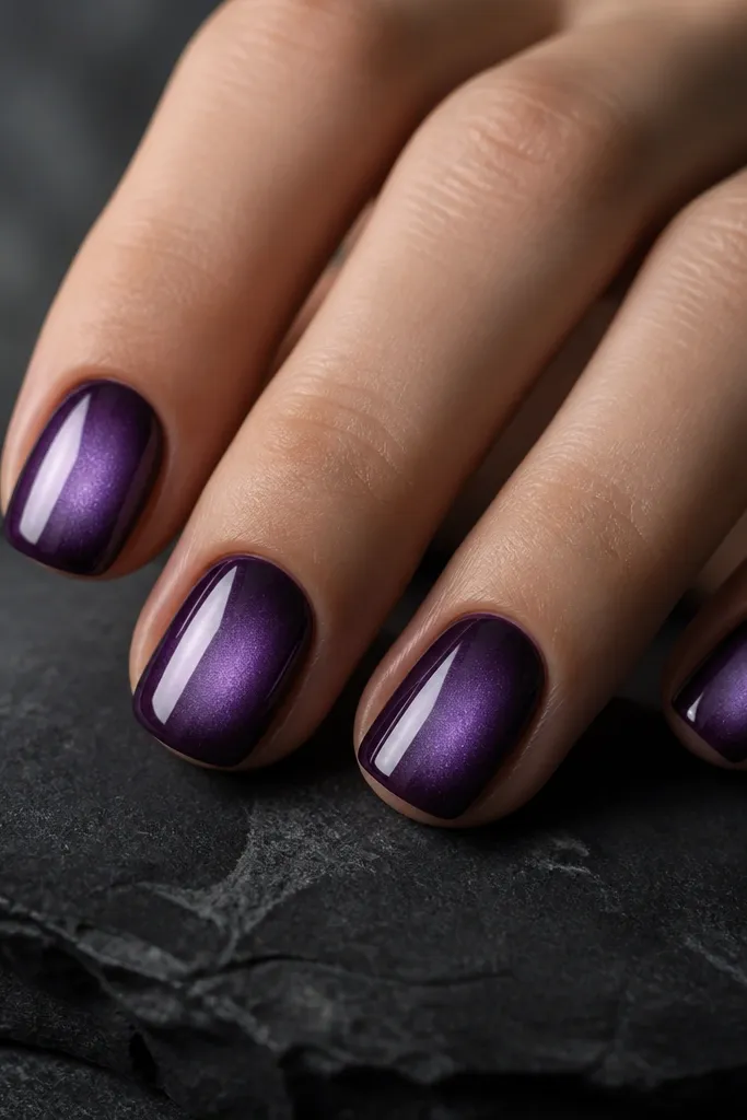 Short nails painted dark purple with a soft lighter purple halo around the center near the cuticle, like an aura effect. The halo blends smoothly with no harsh line.