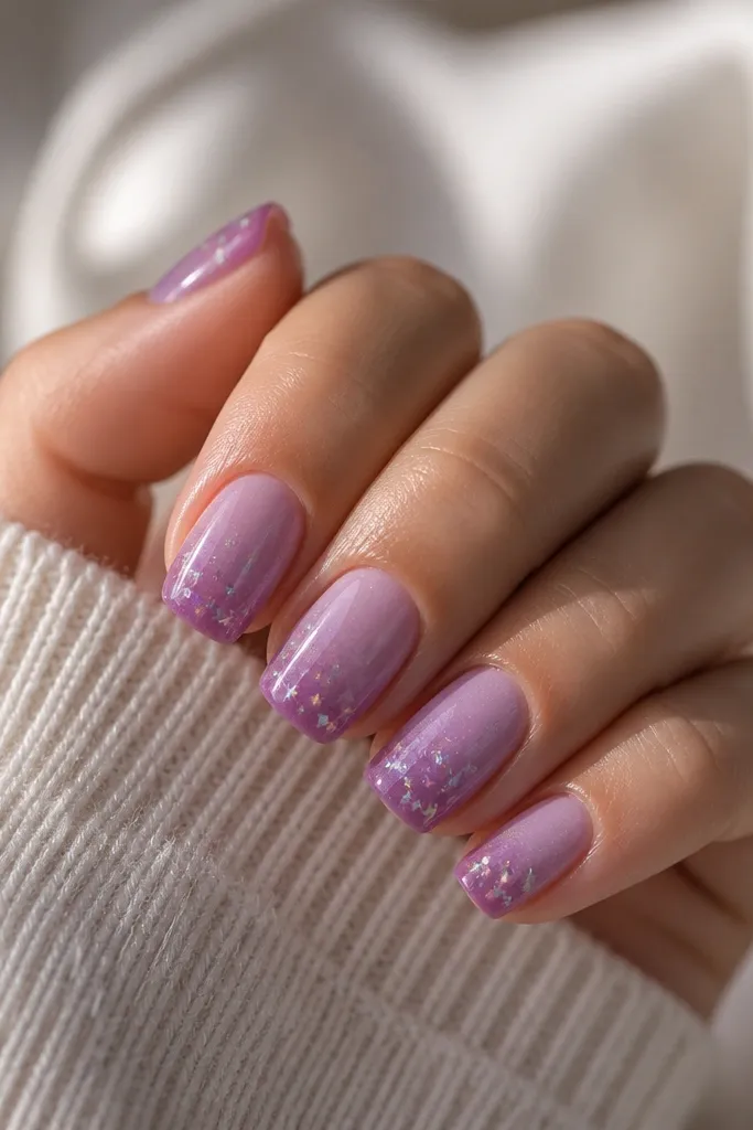 Short squoval nails with a soft lighter-purple aura near the cuticle. Tiny star confetti pieces are scattered lightly across the nail, mostly toward the tip.