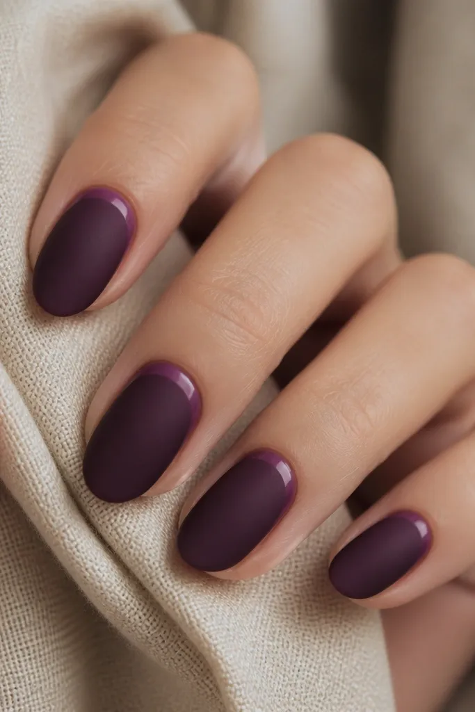 Short, almond nails painted a deep plum. The nails are mostly matte, but the cuticle area has a subtle satin sheen that catches light like velvet. No other art.