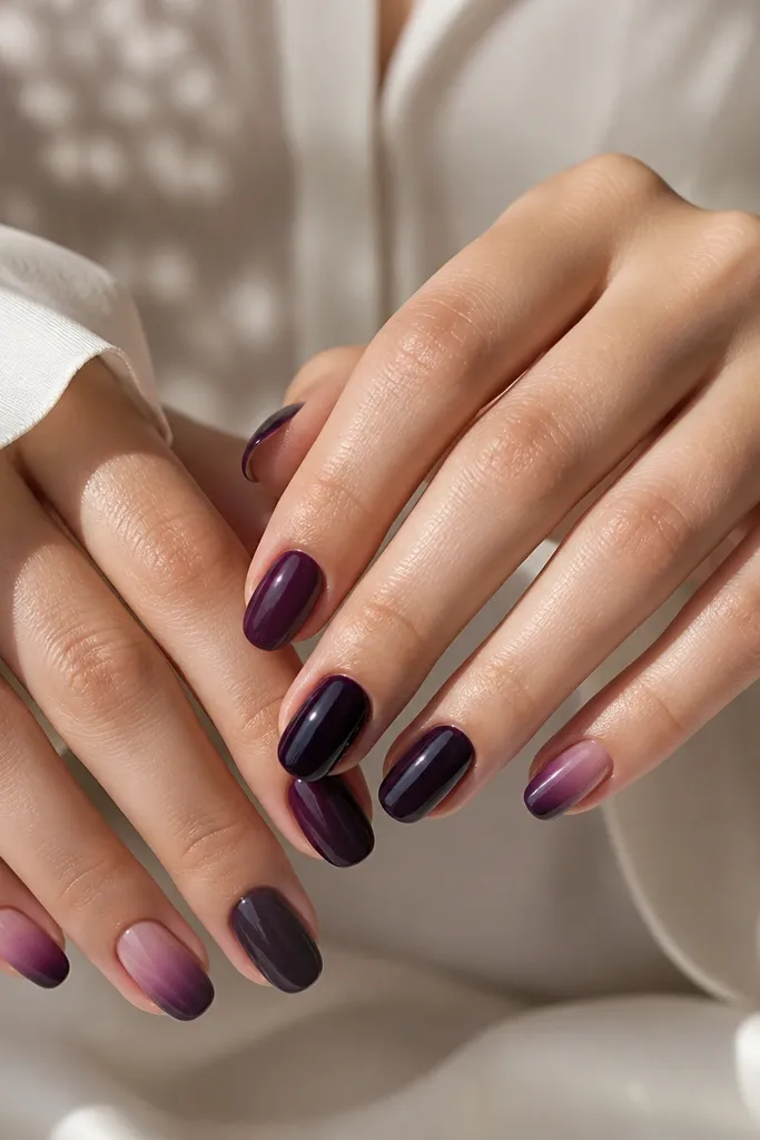 One hand has a sheer grape jelly fade from sheer near the cuticle to richer purple at the tip. The other hand is solid dark grape. Accent is a smooth ombré only on the ring finger.