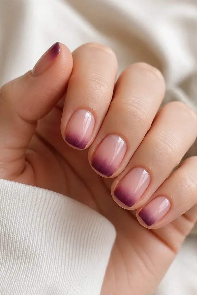 Short square nails with nude-pink base and sponge-blended plum on the tips. The purple fades softly upward, with no harsh line.