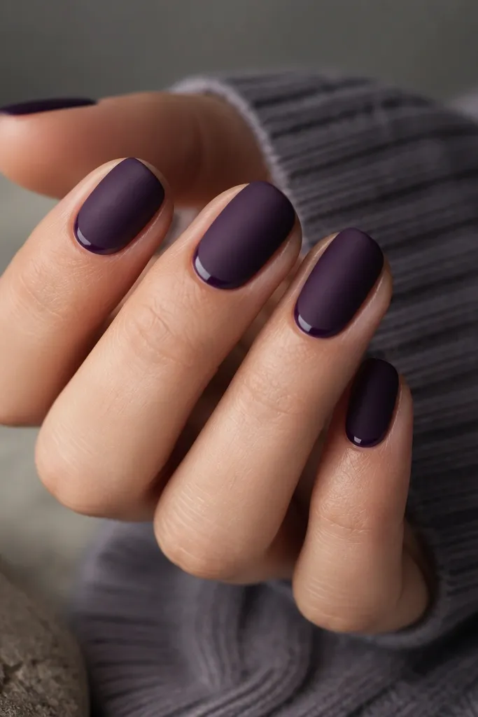 Matte eggplant nails. Each nail has a thin glossy half-moon at the cuticle border, like a crescent highlight. No other art.
