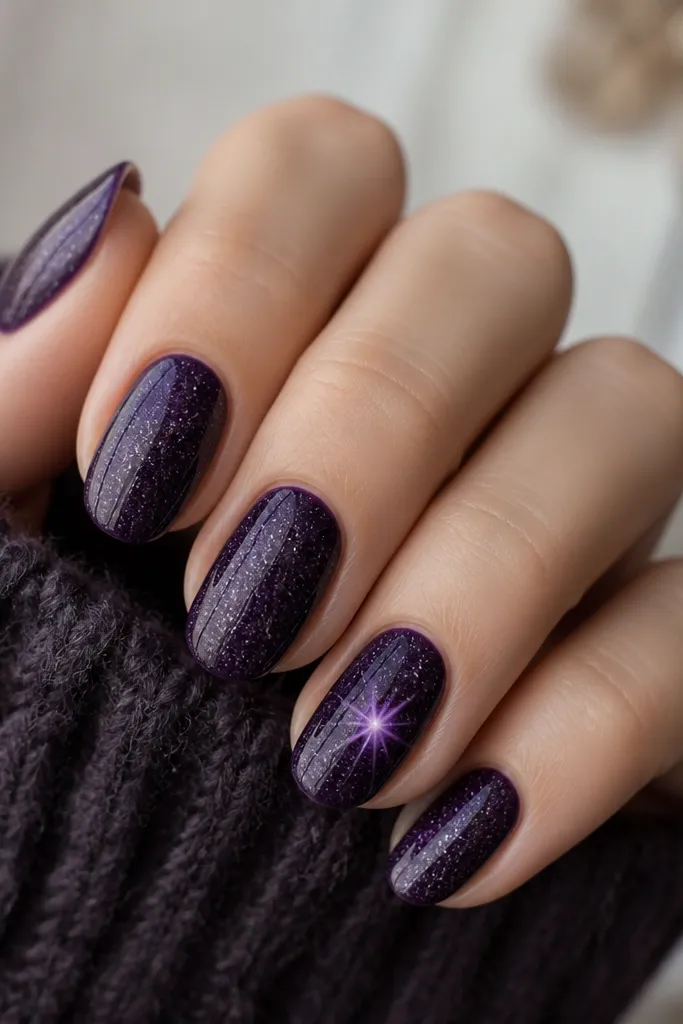 Dark purple nails with fine silver and white specks like stardust. One nail has a small starburst in lighter purple near the center.