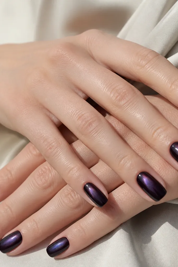 Deep black-plum nails with a subtle purple chrome shimmer visible at certain angles, especially near the center of each nail.