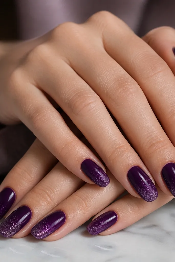 Deep purple nails with a soft glitter fade that starts at the tip and fades upward. Glitter is fine and even, not chunky.